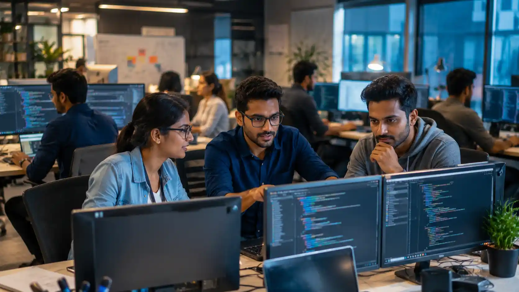 Tech jobs — technology professionals working with computers in a modern office