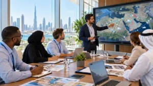 UN jobs — international humanitarian professionals coordinating development projects in a modern global office