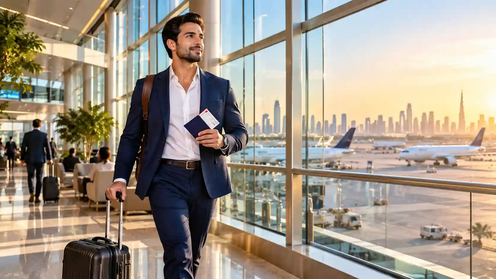 Work abroad — an ambitious professional preparing for an international career journey in a modern global transit terminal