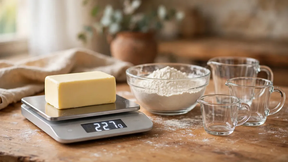 Digital kitchen scale weighing butter for 1 cup butter in grams conversion with measuring cups and flour on a kitchen counter