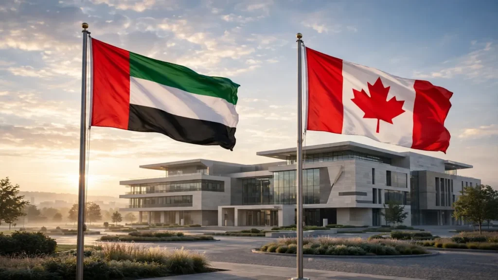 Flags of the United Arab Emirates and Canada side by side ahead of the Abu Dhabi Crown Prince's official visit to Canada
