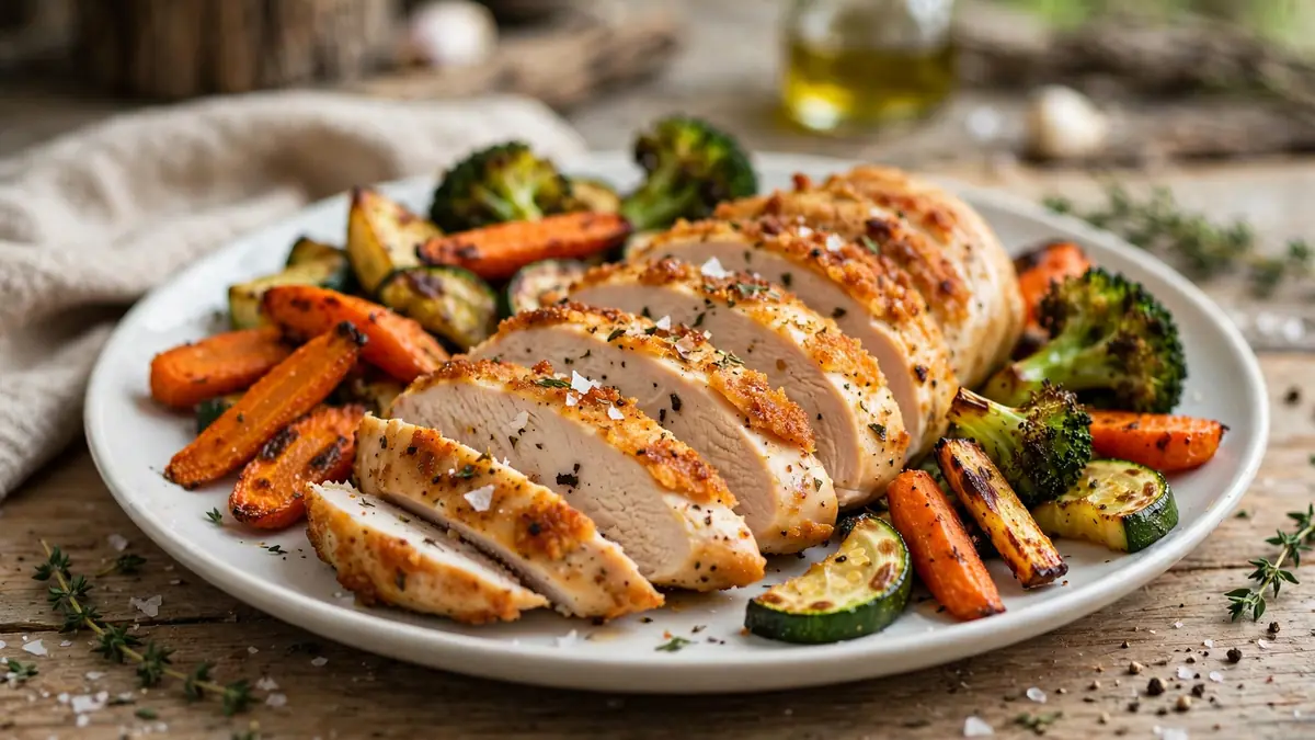 Sliced air fryer chicken breast with crispy golden crust served with roasted vegetables