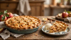 Homemade apple pie recipe with golden lattice crust served with vanilla ice cream