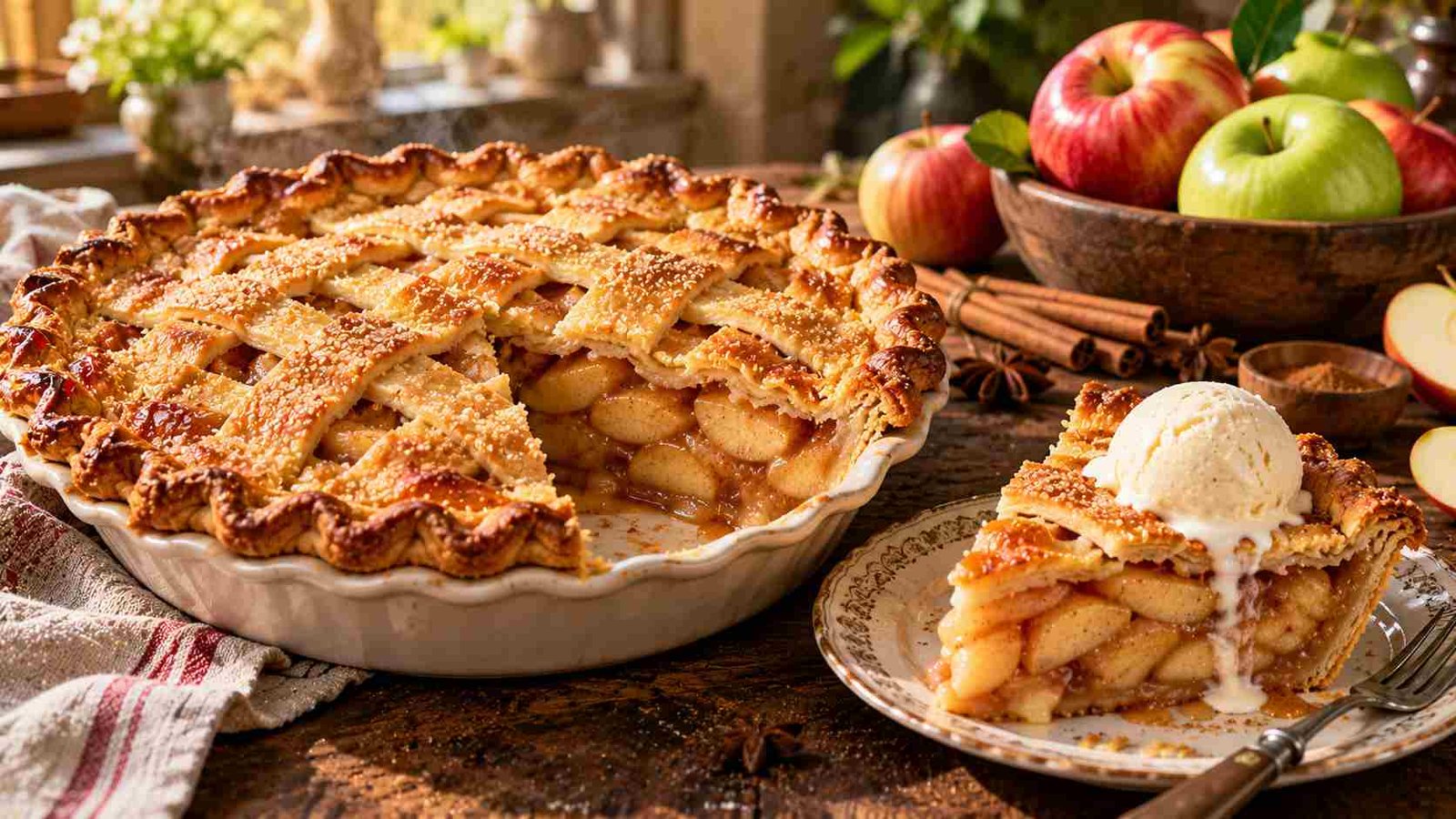 Apple pie recipe — freshly baked golden lattice apple pie with bubbling cinnamon spiced filling