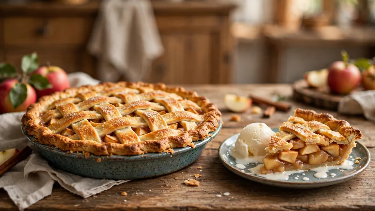 Homemade apple pie recipe with golden lattice crust served with vanilla ice cream