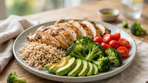 Colorful balanced diet plate with grilled protein, vegetables, avocado and whole grains