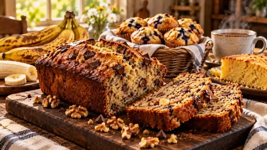Banana bread recipe — a freshly baked sliced loaf of moist banana bread with walnuts on a wooden board