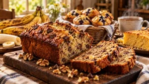 Banana bread recipe — a freshly baked sliced loaf of moist banana bread with walnuts on a wooden board
