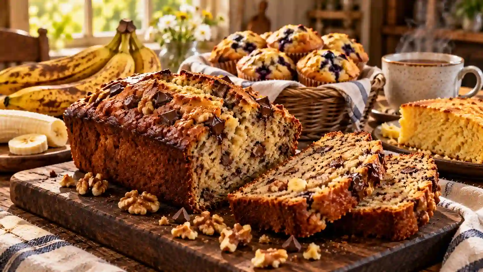 Banana bread recipe — a freshly baked sliced loaf of moist banana bread with walnuts on a wooden board