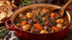 Beef stew recipe — tender braised beef chunks, carrots, and potatoes simmering in rich gravy in a Dutch oven
