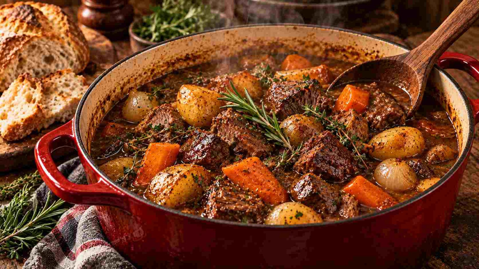 Beef stew recipe — tender braised beef chunks, carrots, and potatoes simmering in rich gravy in a Dutch oven
