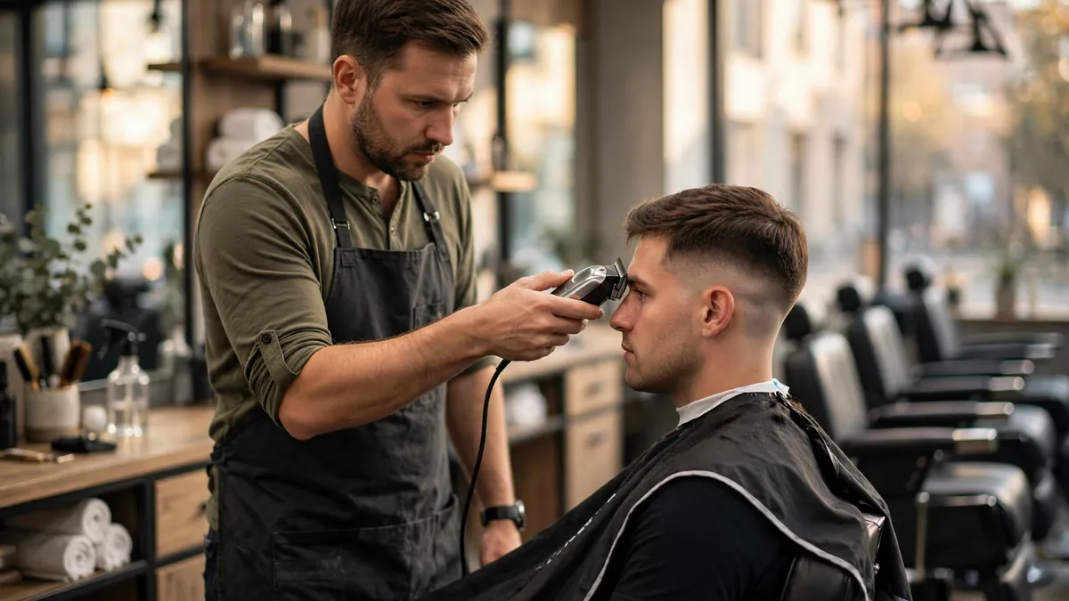 Barber giving a man a sharp fade haircut in a modern barbershop