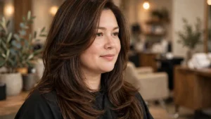 Woman with a long layered haircut with side part flattering for round faces