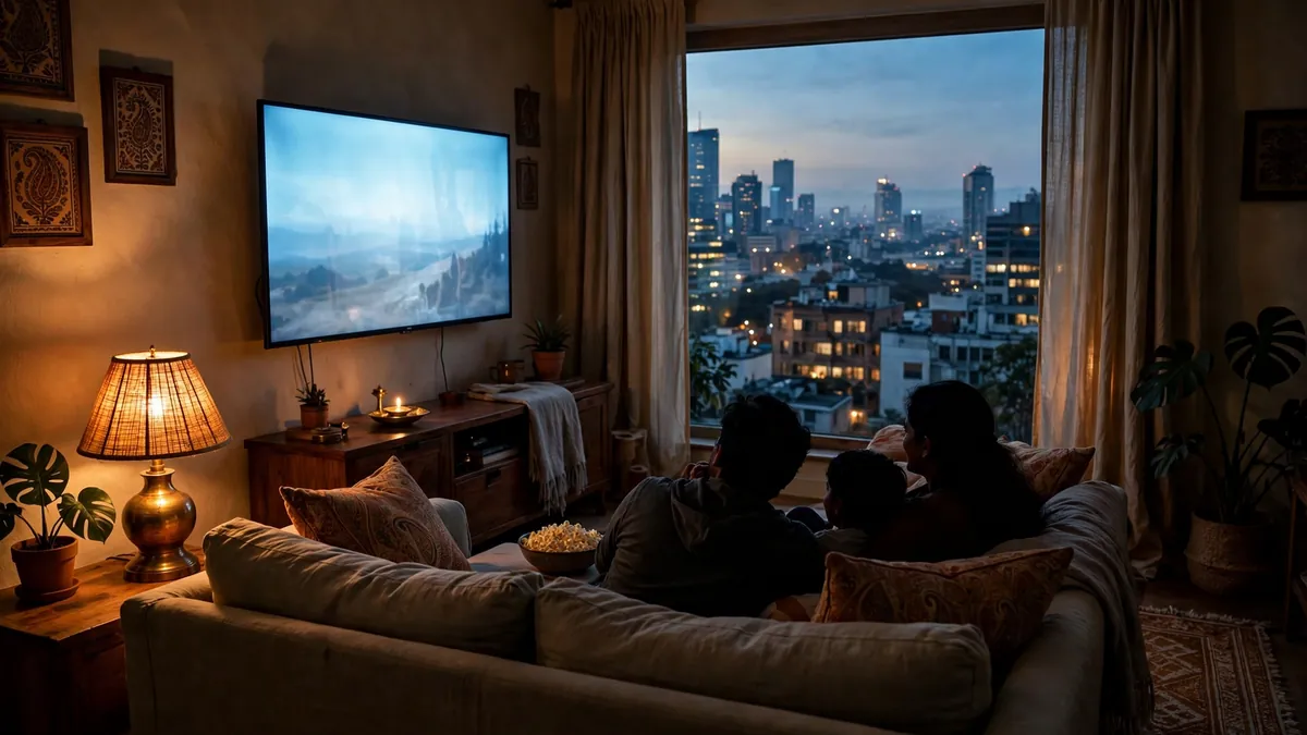 Family watching the best Indian web series together on a big TV in a cozy living room at dusk