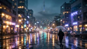 Rainy neon-lit Seoul street at night with a lone figure holding an umbrella, evoking the mood of the best Korean drama series