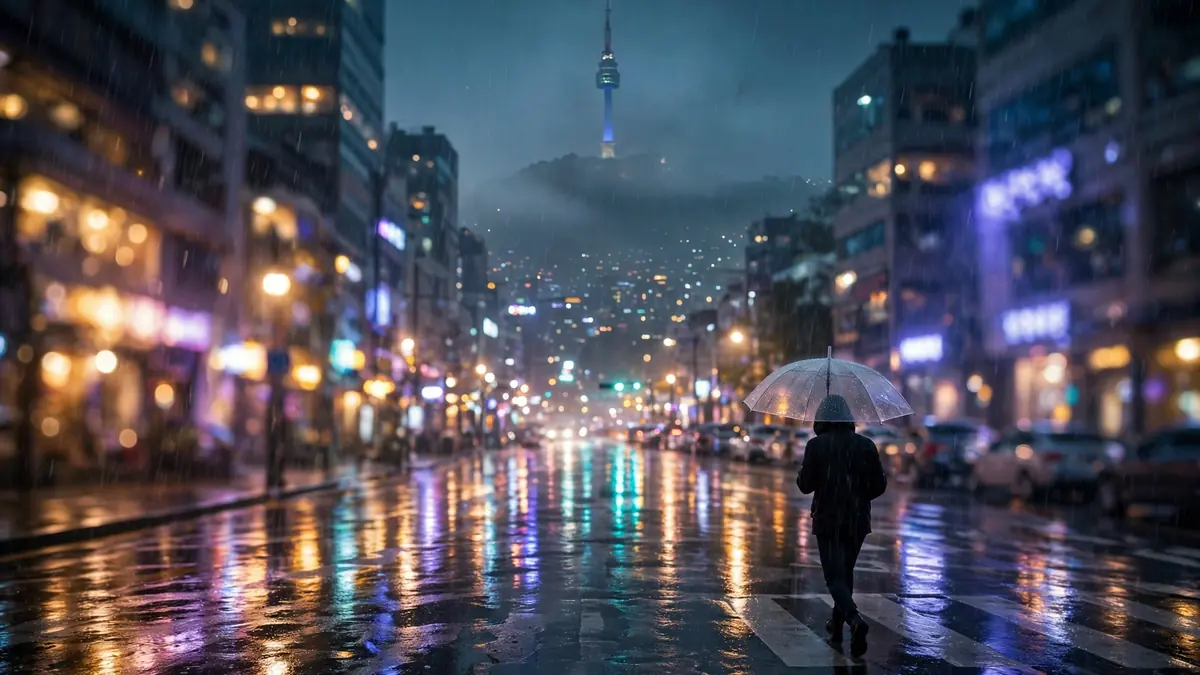 Rainy neon-lit Seoul street at night with a lone figure holding an umbrella, evoking the mood of the best Korean drama series