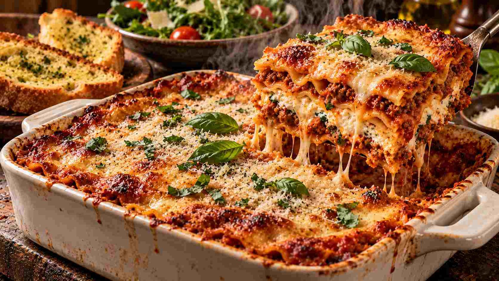 Best lasagna recipe — a freshly baked layered lasagna with rich meat sauce and golden bubbling cheese