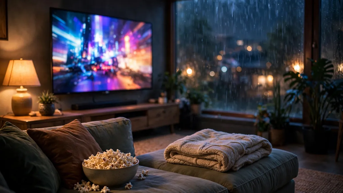 Cozy living room at night with a glowing TV, popcorn and blanket — the perfect setup for the best series to watch on Netflix