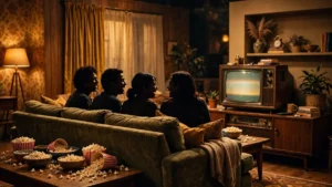 Best sitcoms guide concept showing friends laughing together on a couch in a cozy retro living room