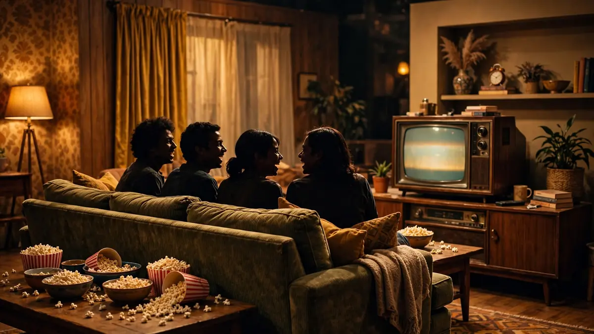 Best sitcoms guide concept showing friends laughing together on a couch in a cozy retro living room
