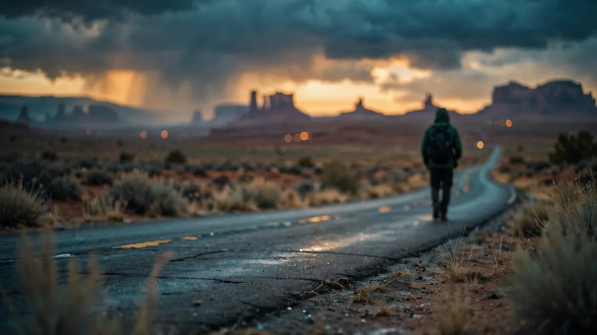 Better Call Saul season 6 concept photo of a lone figure on a desert highway at dusk