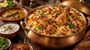 Biryani recipe — royal layered chicken biryani garnished with saffron rice, fried onions, and mint