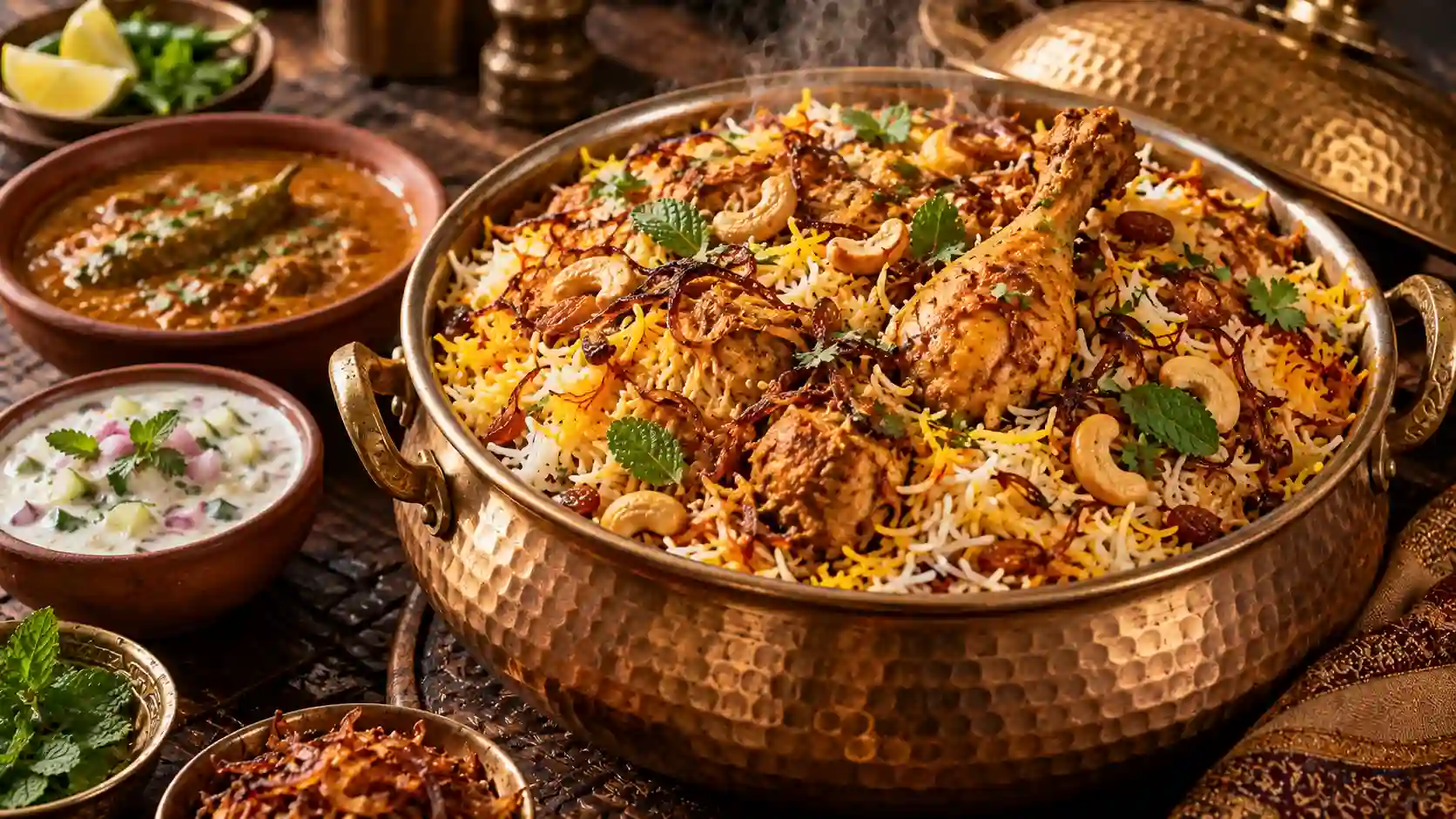 Biryani recipe — royal layered chicken biryani garnished with saffron rice, fried onions, and mint