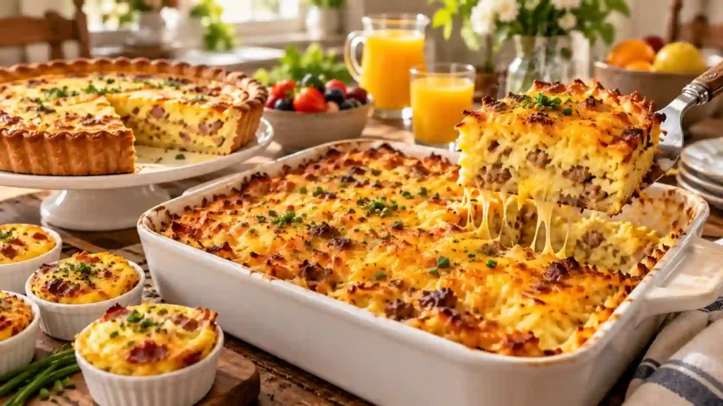 Breakfast casserole recipe — a golden baked sausage, egg, and hashbrown casserole with melted cheddar