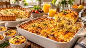 Breakfast casserole recipe — a golden baked sausage, egg, and hashbrown casserole with melted cheddar