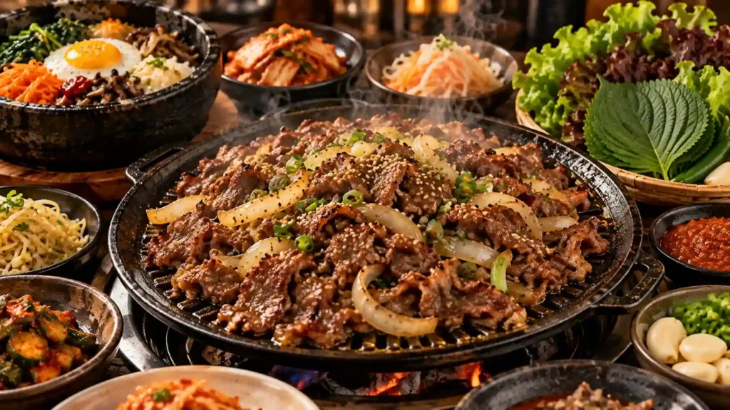Bulgogi recipe — thinly sliced marinated Korean beef bulgogi sizzling on a tabletop grill with banchan sides