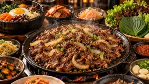 Bulgogi recipe — thinly sliced marinated Korean beef bulgogi sizzling on a tabletop grill with banchan sides