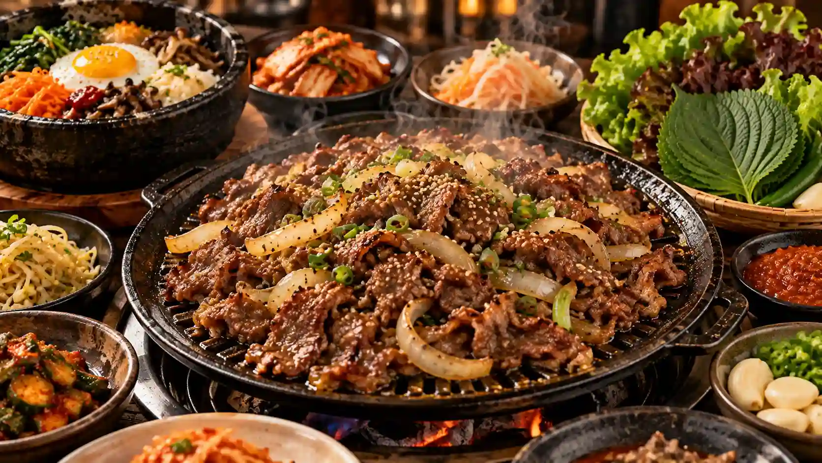 Bulgogi recipe — thinly sliced marinated Korean beef bulgogi sizzling on a tabletop grill with banchan sides