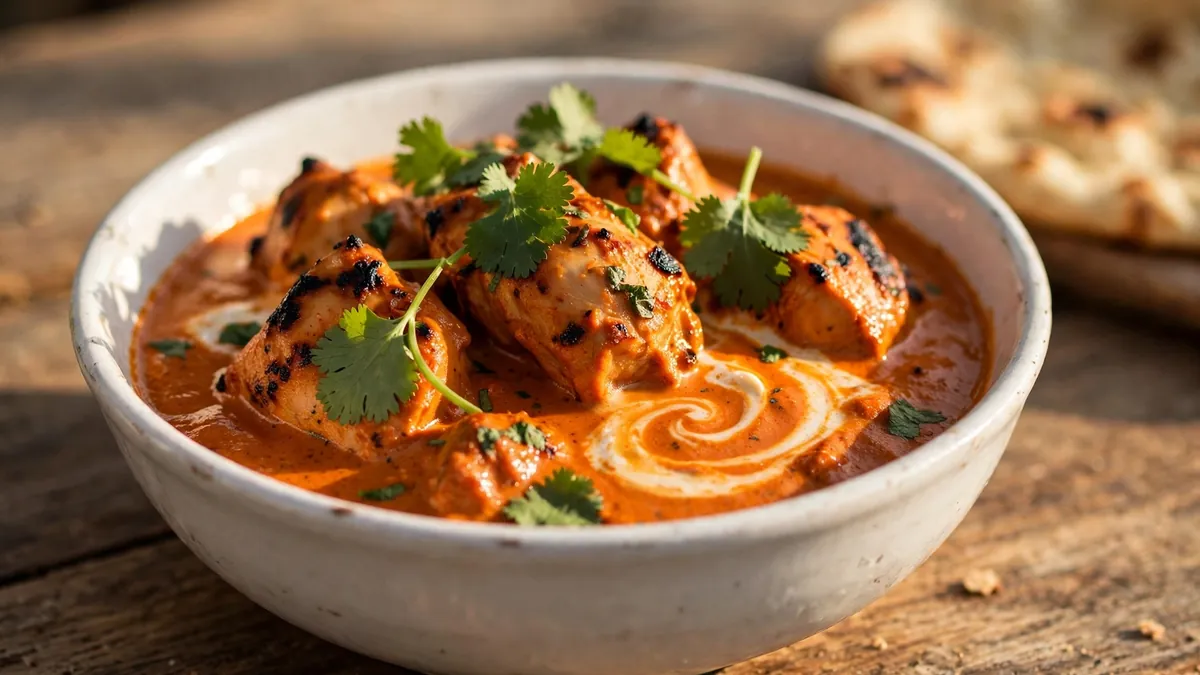 Bowl of creamy butter chicken with charred chicken pieces in tomato-cream sauce