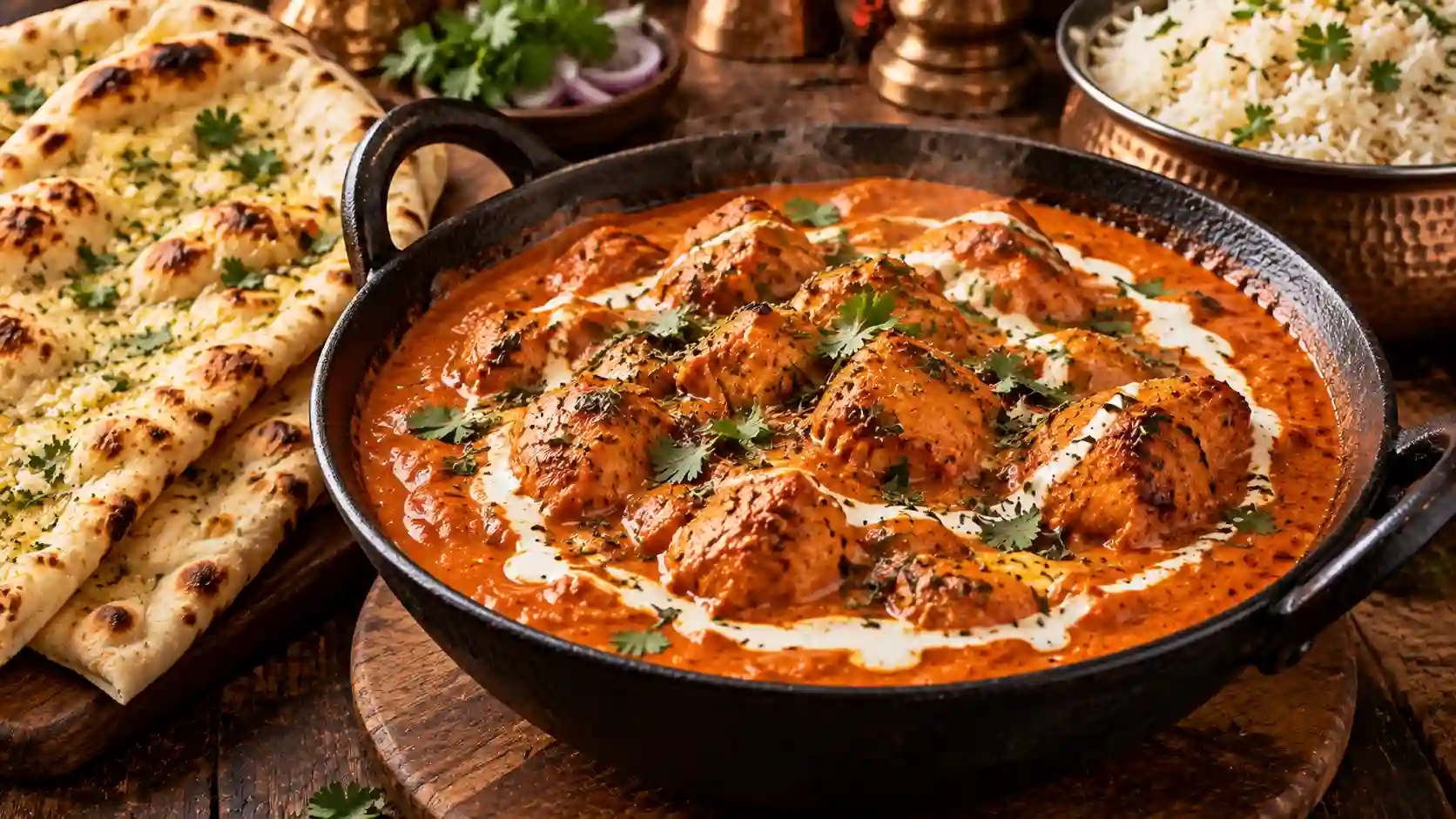 utter chicken recipe — creamy orange-red murgh makhani with fresh cream swirl and garlic naan