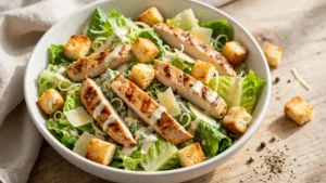 Caesar salad recipe: fresh caesar salad in a white bowl with crisp romaine, golden croutons, shaved parmesan and grilled chicken
