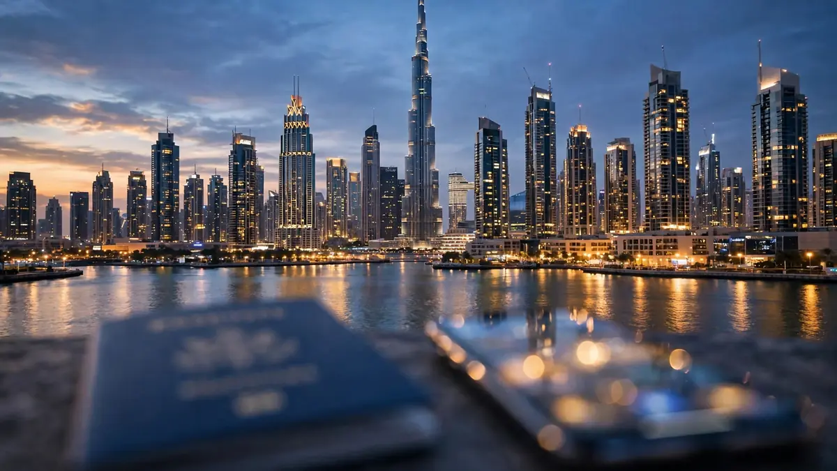 Traveller checking UAE visa status by passport number on a smartphone with the Dubai skyline behind