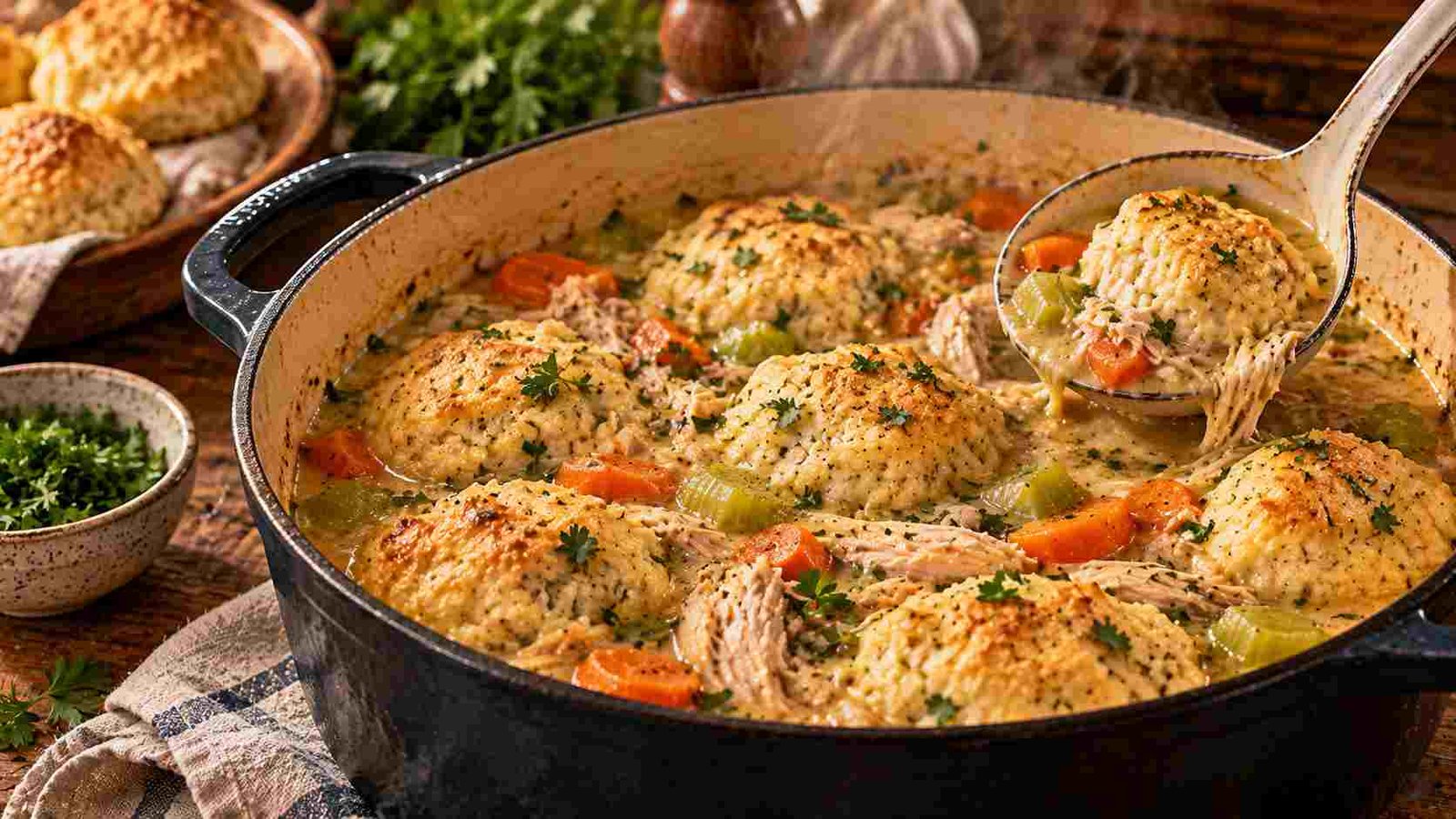 Chicken and dumplings recipe — fluffy homemade dumplings simmering in a rich chicken stew inside a Dutch oven