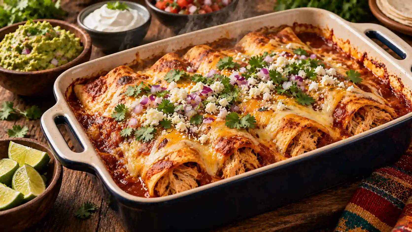 Chicken enchilada recipe — freshly baked chicken enchiladas in red chile sauce with melted cheese and cilantro