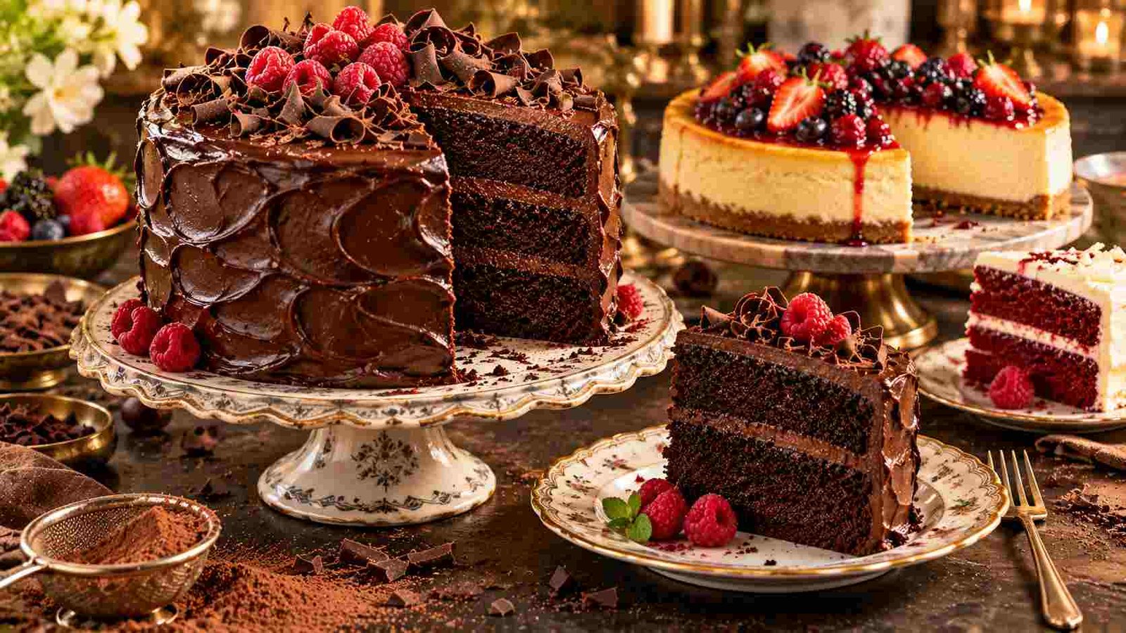 Chocolate cake recipe — a three-tiered moist chocolate layer cake with glossy fudge frosting and fresh raspberries