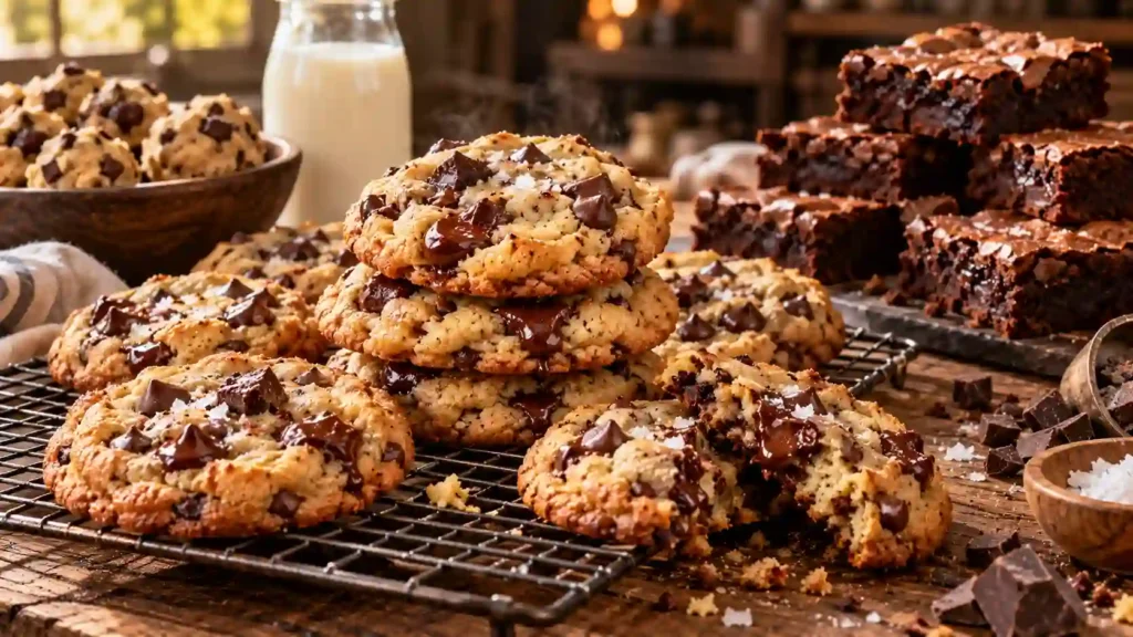 Chocolate chip cookie recipe — freshly baked chewy chocolate chip cookies with melted chocolate pools and flaky sea salt