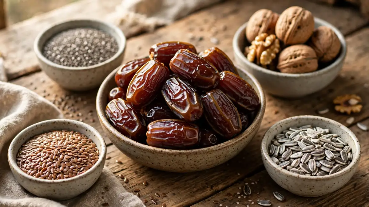 Bowl of glossy Medjool dates with chia seeds, walnuts, flax seeds and sunflower seeds showing dates benefits on a rustic table