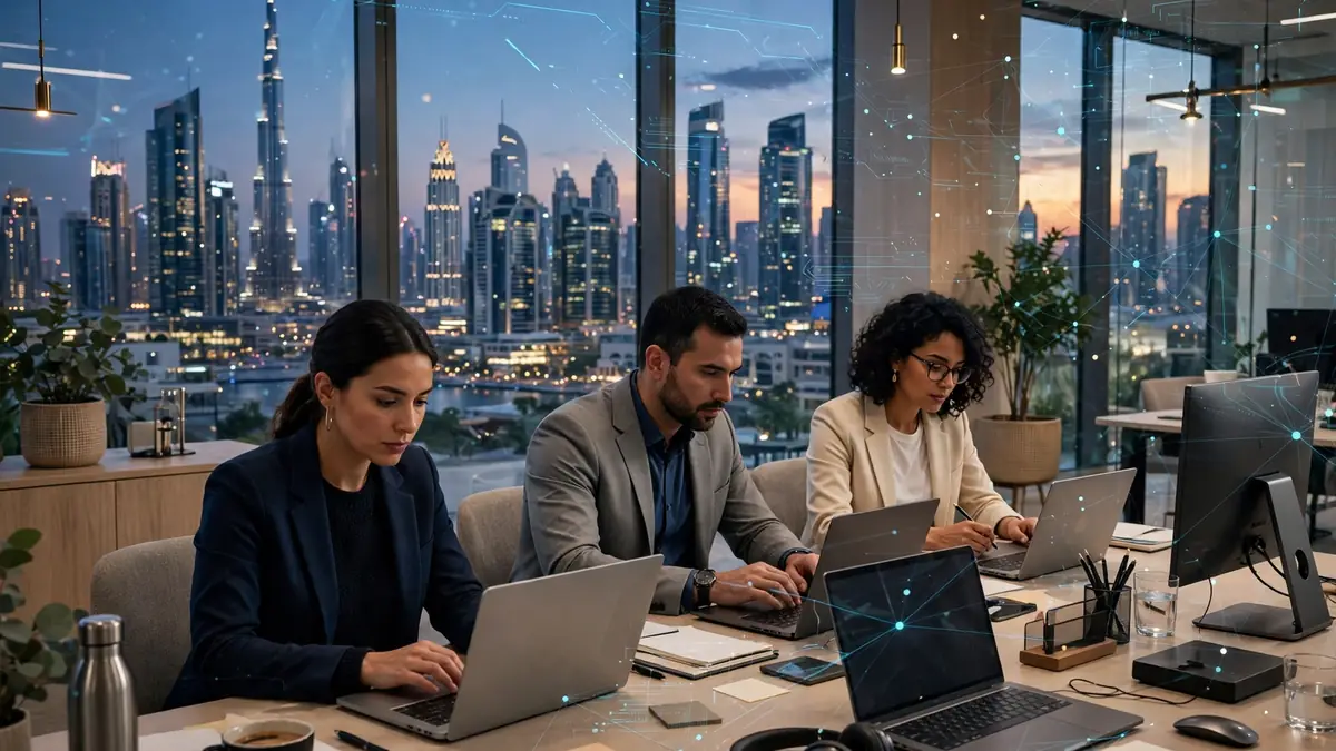Dubai skyline at dusk with business professionals working on laptops in a modern office