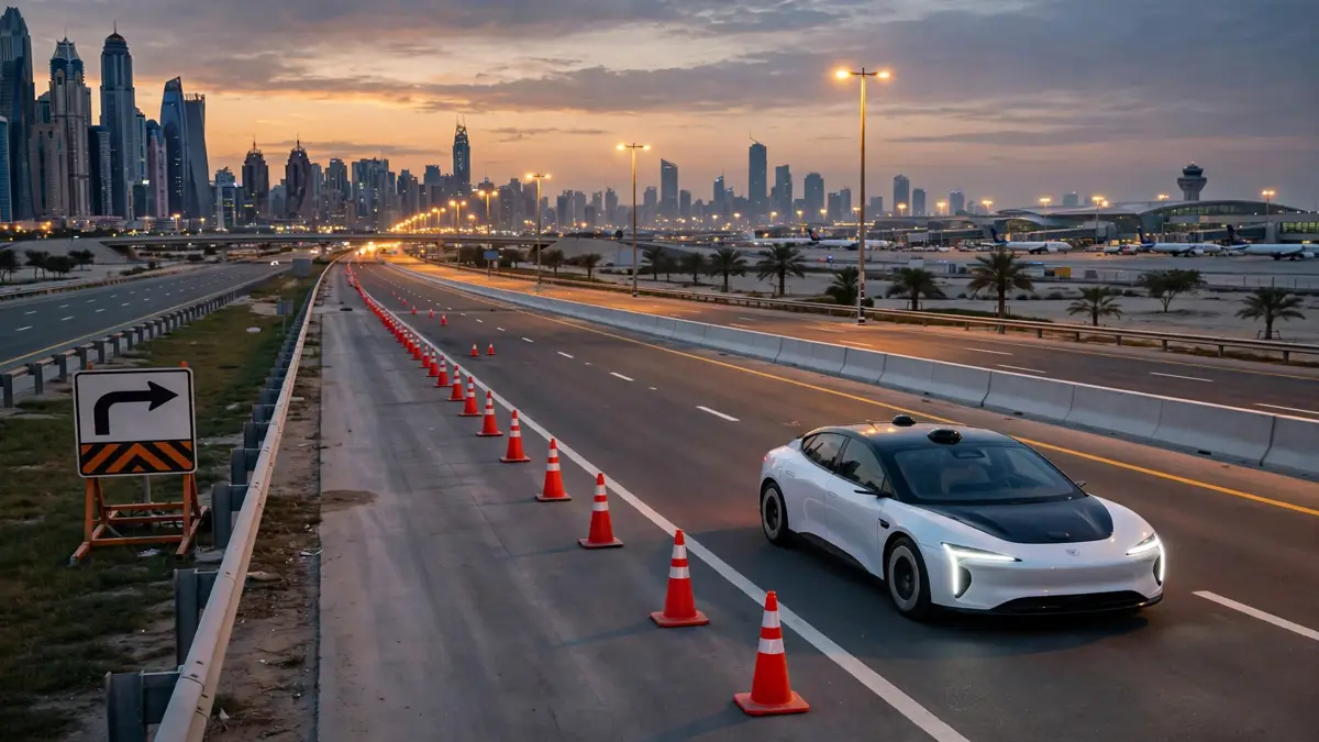 Dubai highway with lane closure cones and a driverless taxi during RTA autonomous taxi testing on Emirates Road