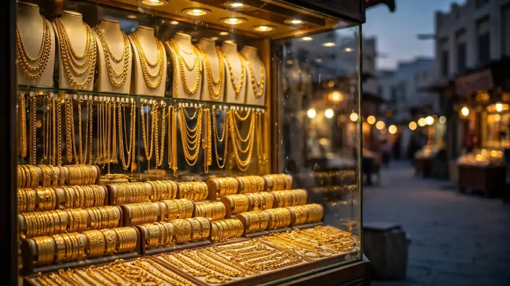 Dubai Gold Souk jewellery shop window glowing with gold necklaces and bangles