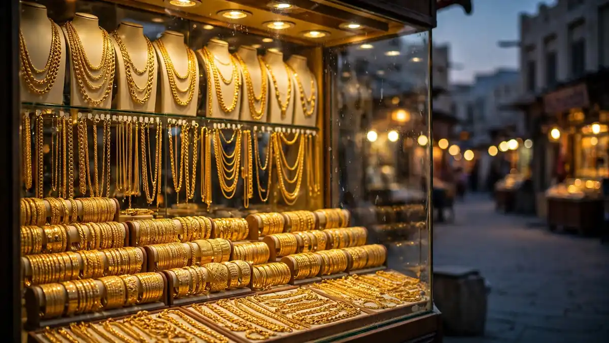 Dubai Gold Souk jewellery shop window glowing with gold necklaces and bangles