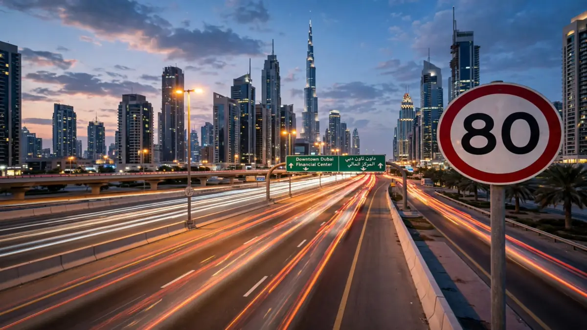 Dubai highway at dusk with an 80 km/h speed limit sign, modern skyscrapers and light trails from traffic
