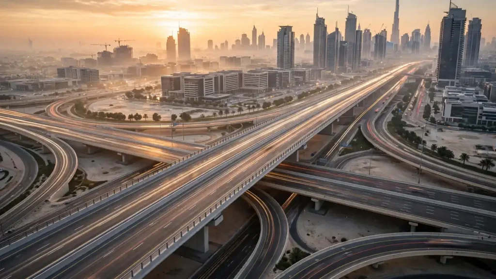 Aerial view of highway bridges and interchanges in Dubai at sunrise with modern skyscrapers in the background