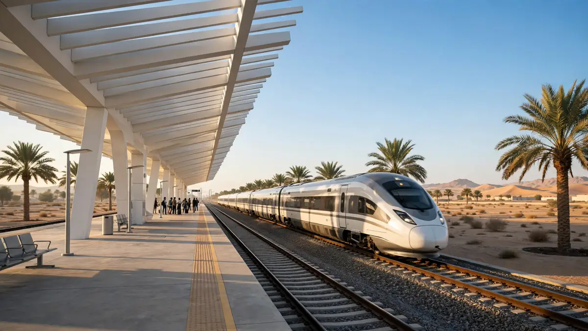 Etihad Rail passenger train travelling between Abu Dhabi and Dubai