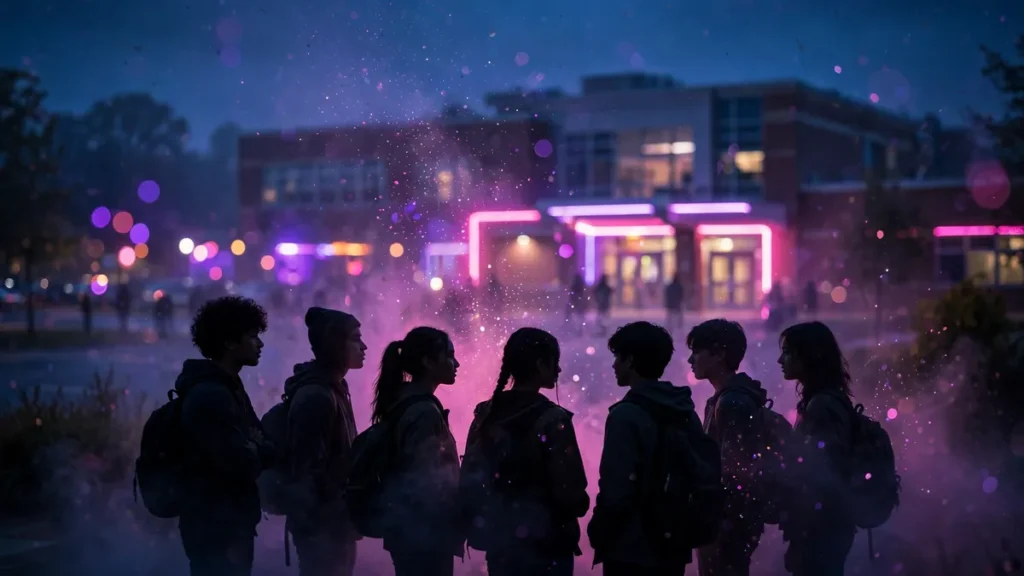 Teen drama concept photo of teenagers silhouetted under neon lights outside a high school at dusk, capturing Euphoria season 3 anticipation