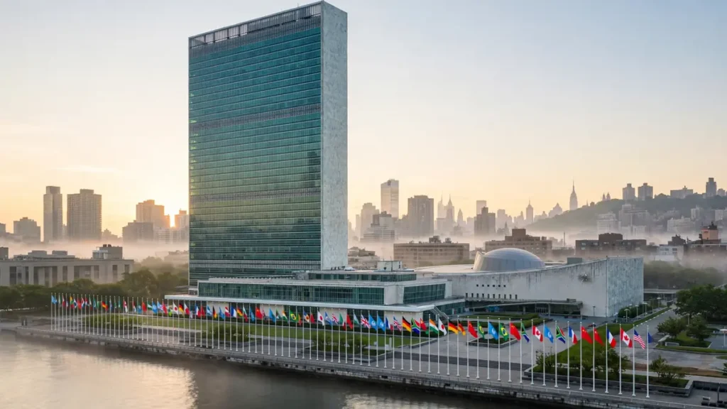 United Nations headquarters in New York at dawn with flags of member nations